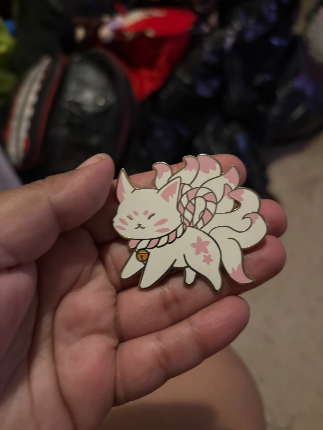 White Kitsune Enamel Pin with Pink Accents