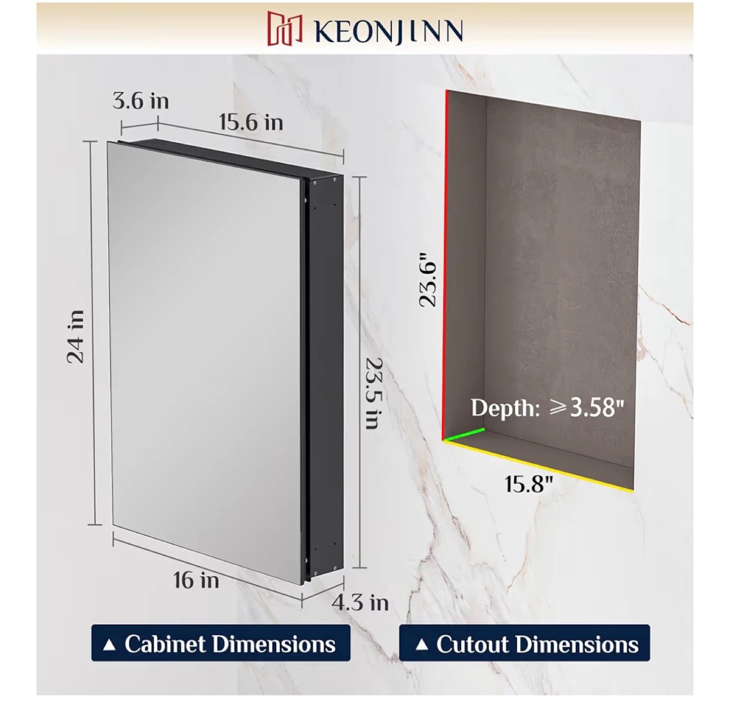 KEONJINN Medicine Cabinet 16" W x 24" H x 4.3" D - photo 2
