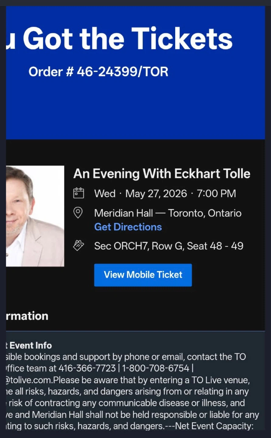 An Evening with Eckhart Tolle - 2 Toronto Tickets - May 27, 2026