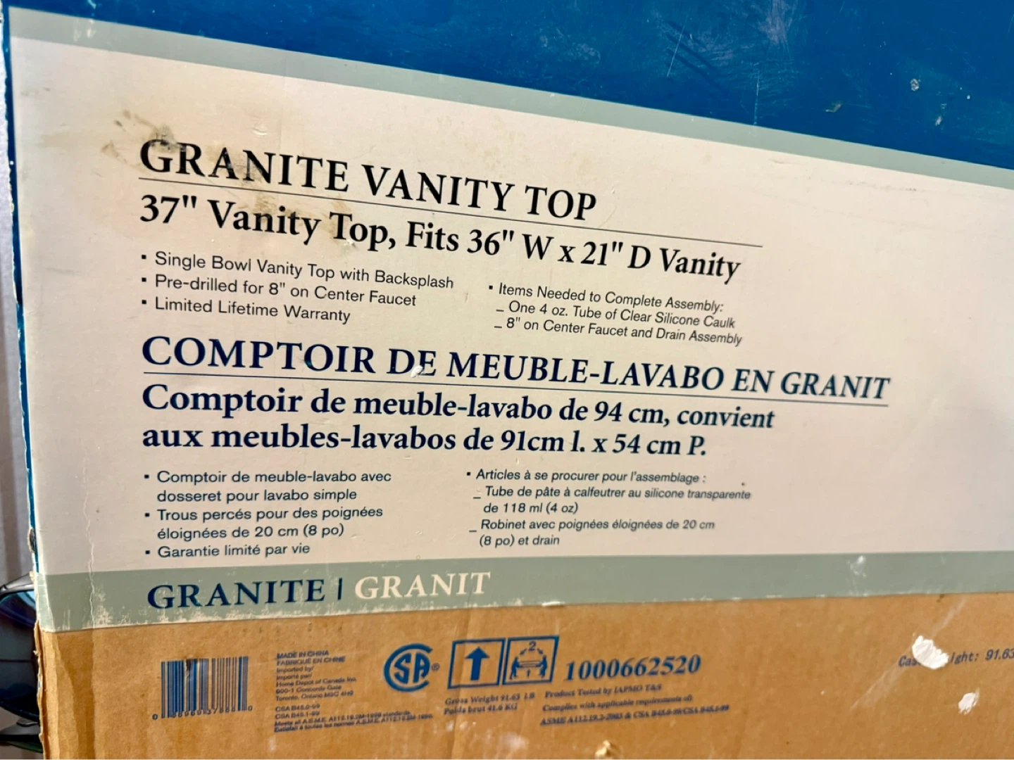 Pegasus Granite Vanity Top - 37" W x 21" D