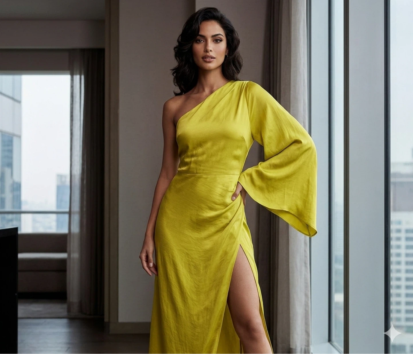 ZARA Lime Green One-Shoulder Maxi Dress - Size M