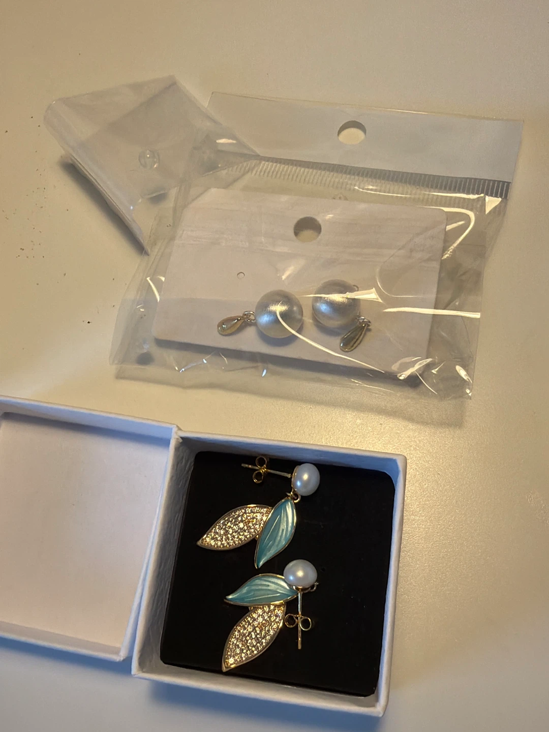 Leaf Design Drop Earrings with Pearls and Crystals