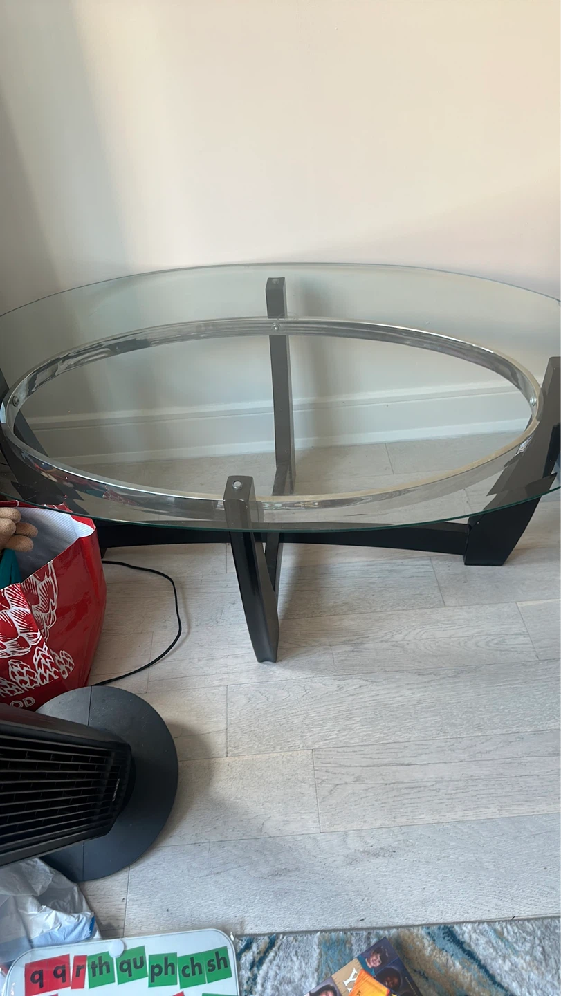 Oval Glass Coffee Table with Black Wood Base