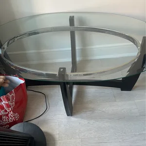 Oval Glass Coffee Table with Black Wood Base