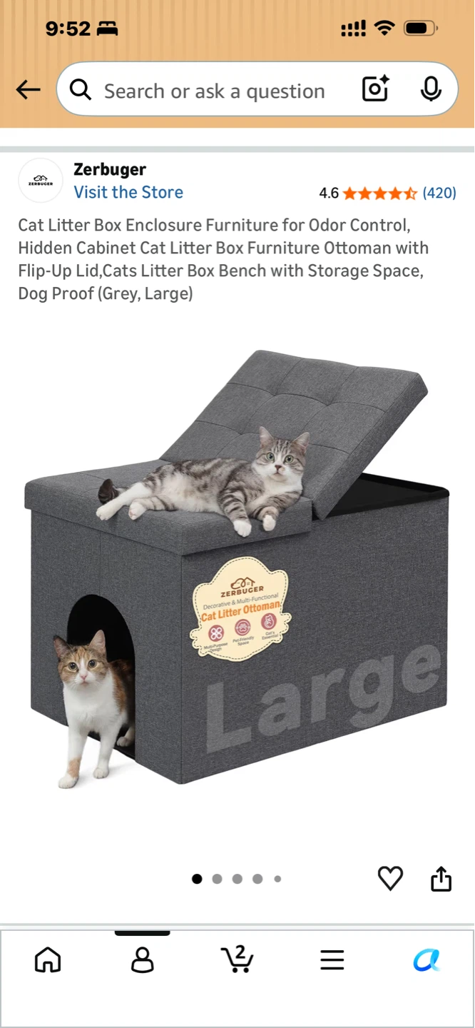Zerbuger Cat Litter Box Enclosure Furniture Ottoman Grey Large - photo 3