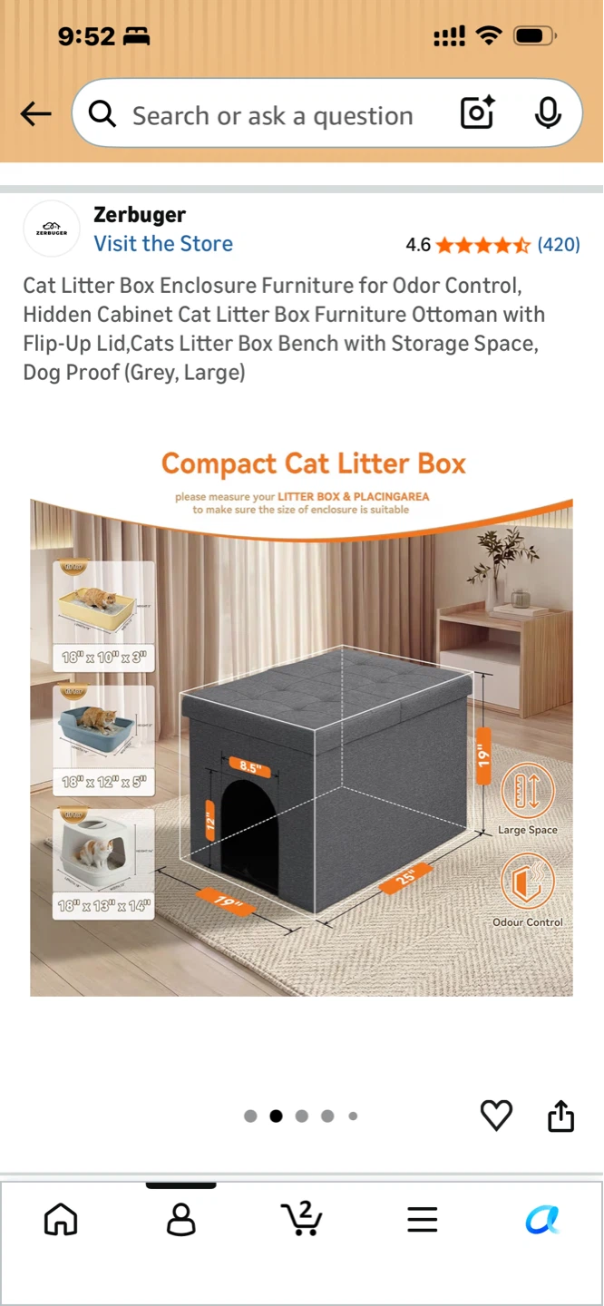 Zerbuger Cat Litter Box Enclosure Furniture Ottoman Grey Large - photo 2