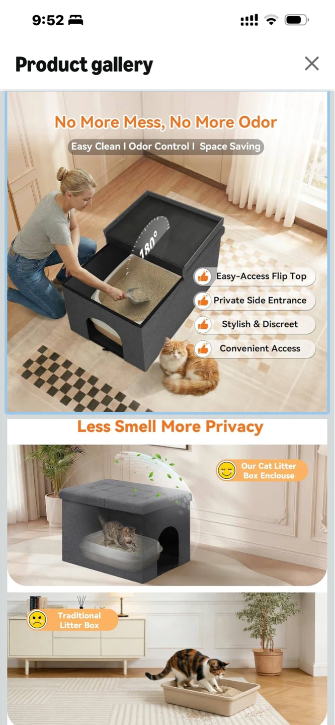 Zerbuger Cat Litter Box Enclosure Furniture Ottoman Grey Large
