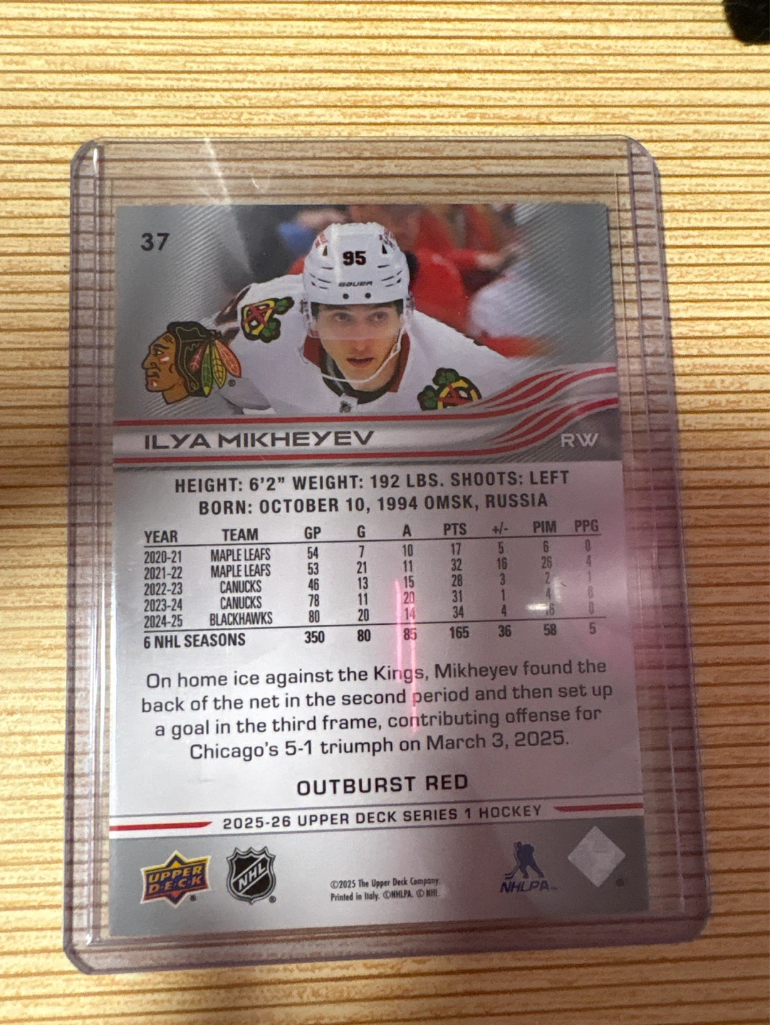 2025-26 Upper Deck Ilya Mikheyev Outburst Red Hockey Card 02/25 - photo 2