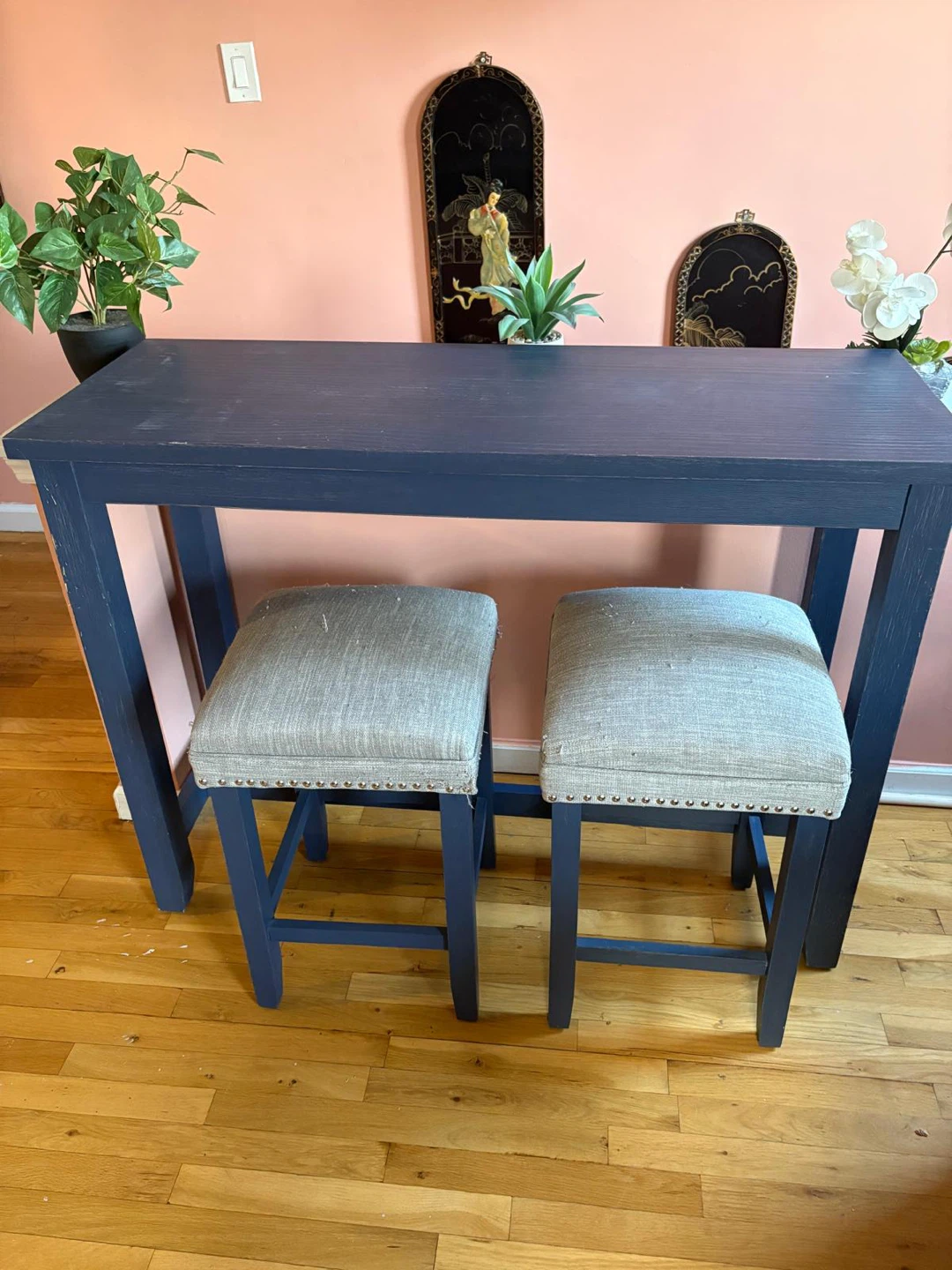 Dark Blue Bar Table with Two Stools
