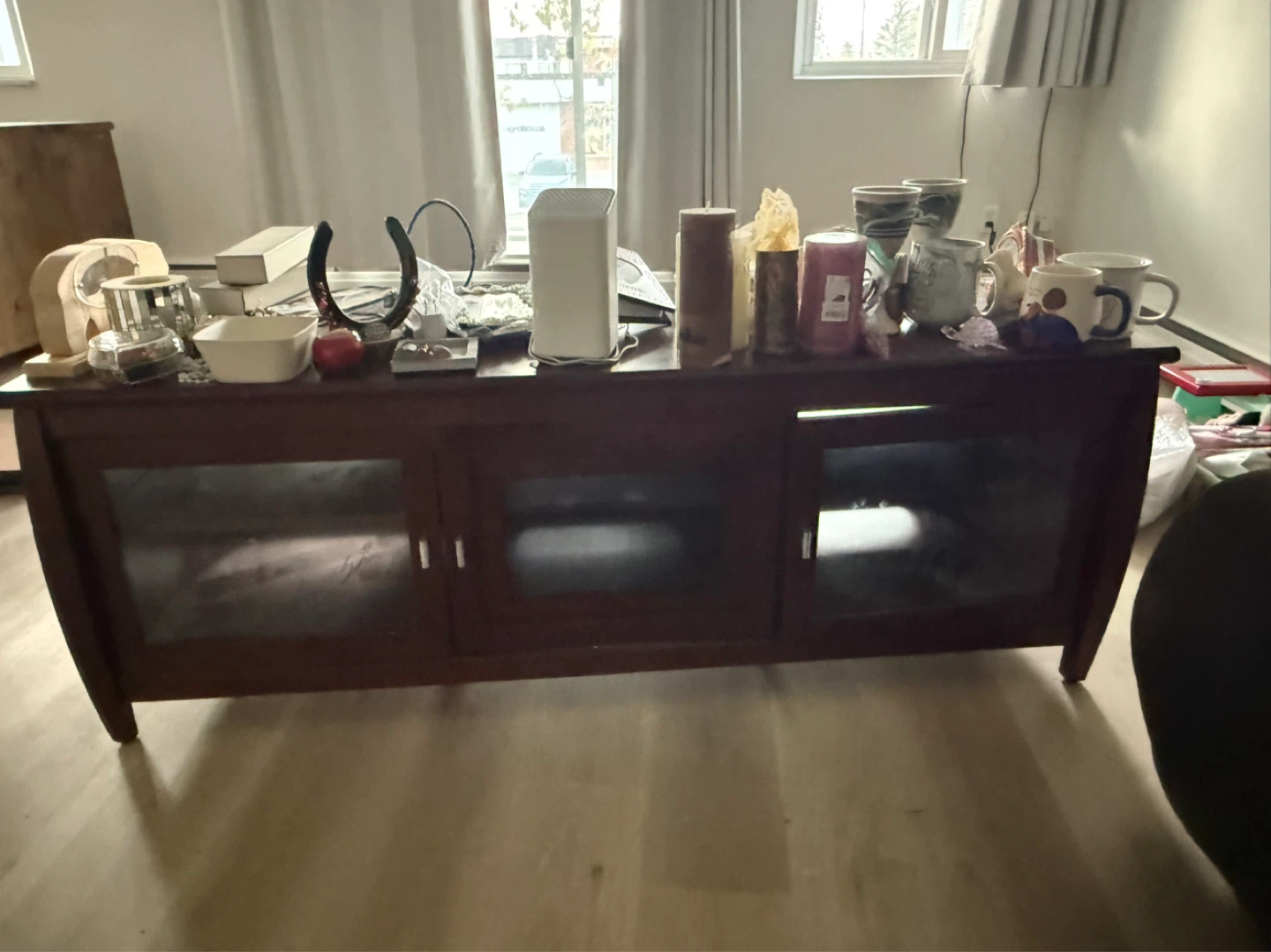 Dark Wood Entertainment TV Stand with Glass Doors