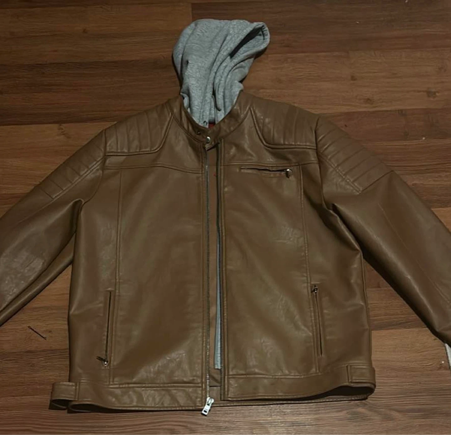 Brown Faux Leather Jacket with Grey Hoodie