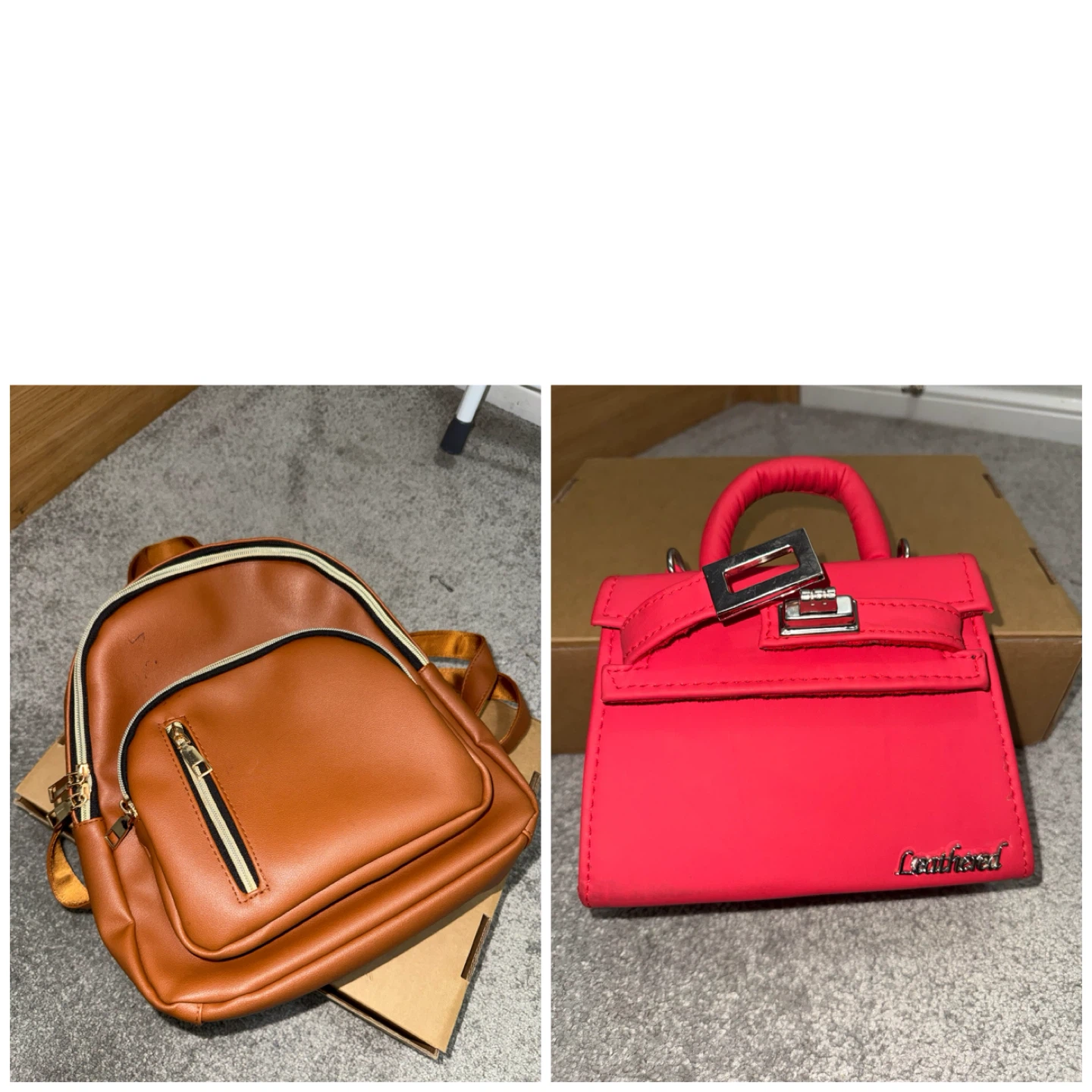 Brown Faux Leather Backpack and Red Handbag. $