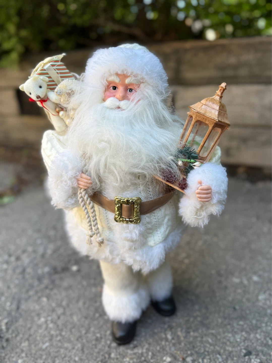 White Santa Claus Figure with Lantern and Teddy Bear