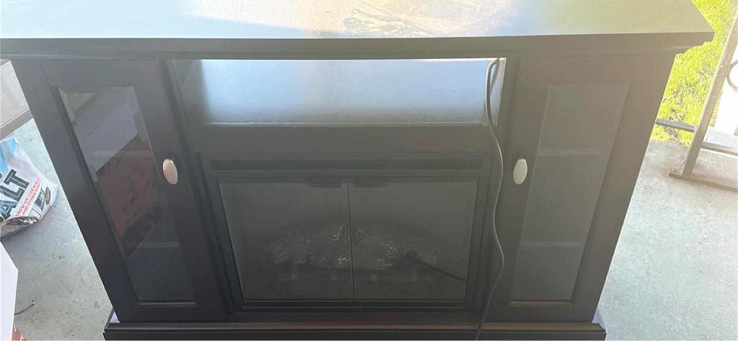 Dark Wood Fireplace TV Stand with Glass Doors