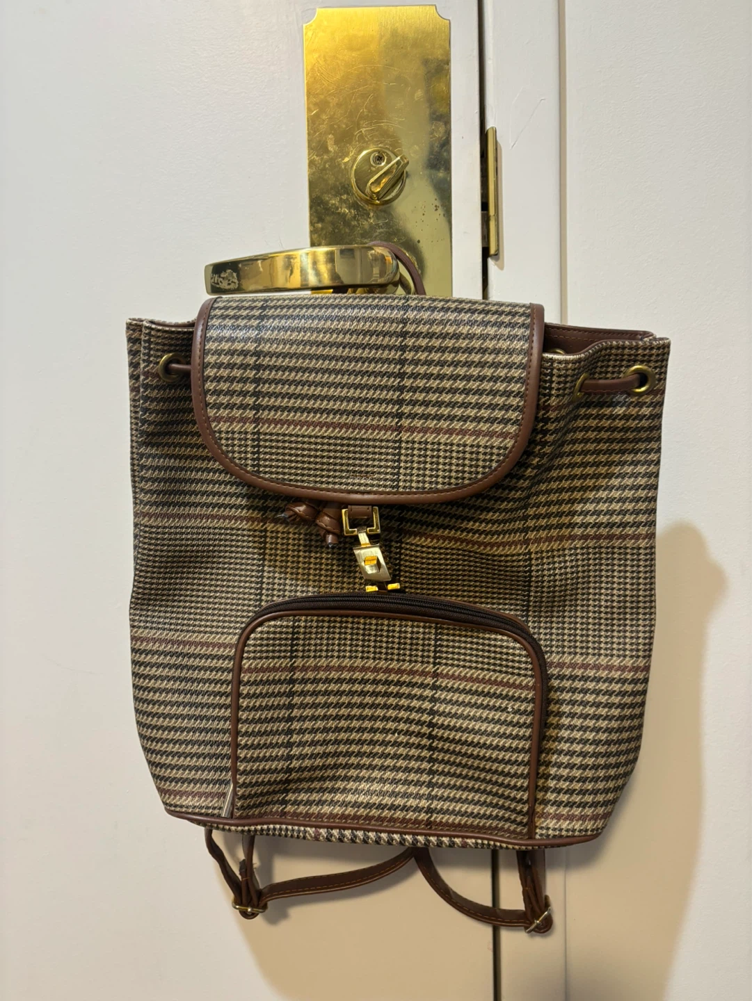 Medium Plaid Backpack with Faux Leather Trim