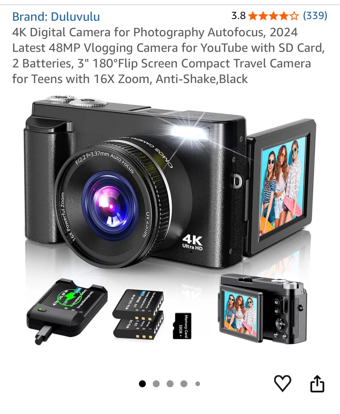 DULUVULU 4K Digital Camera with 16X Zoom, 2 Batteries & SD Card