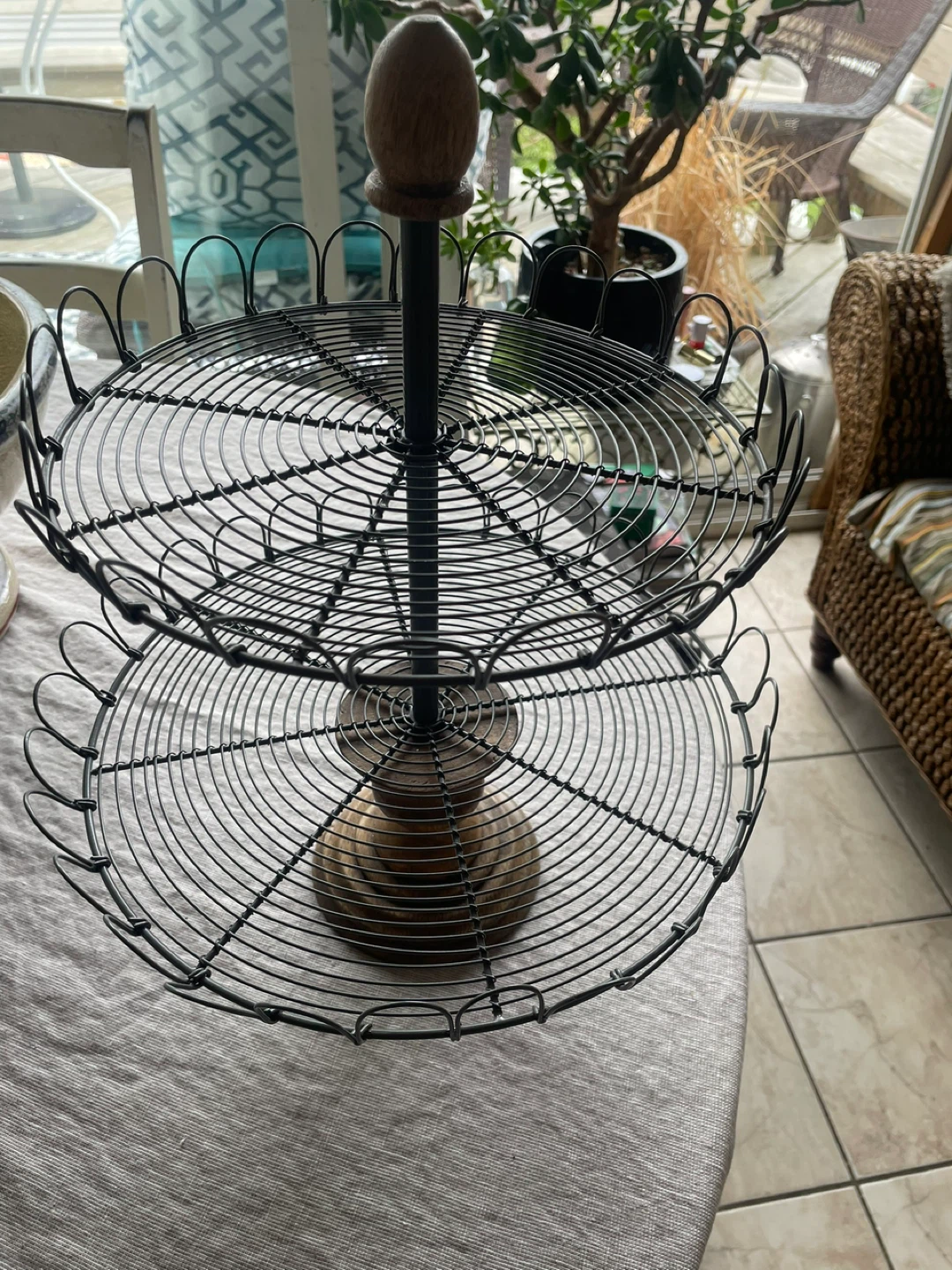 Tiered Wire Fruit Basket with Wood Accents