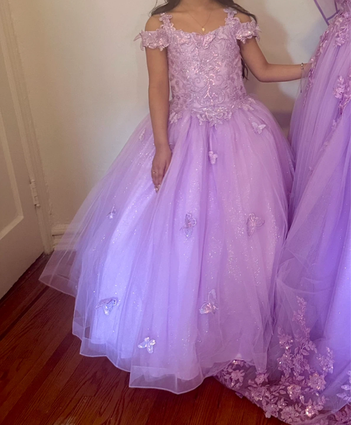 Lavender Tulle Off-the-Shoulder Ball Gown with Butterflies