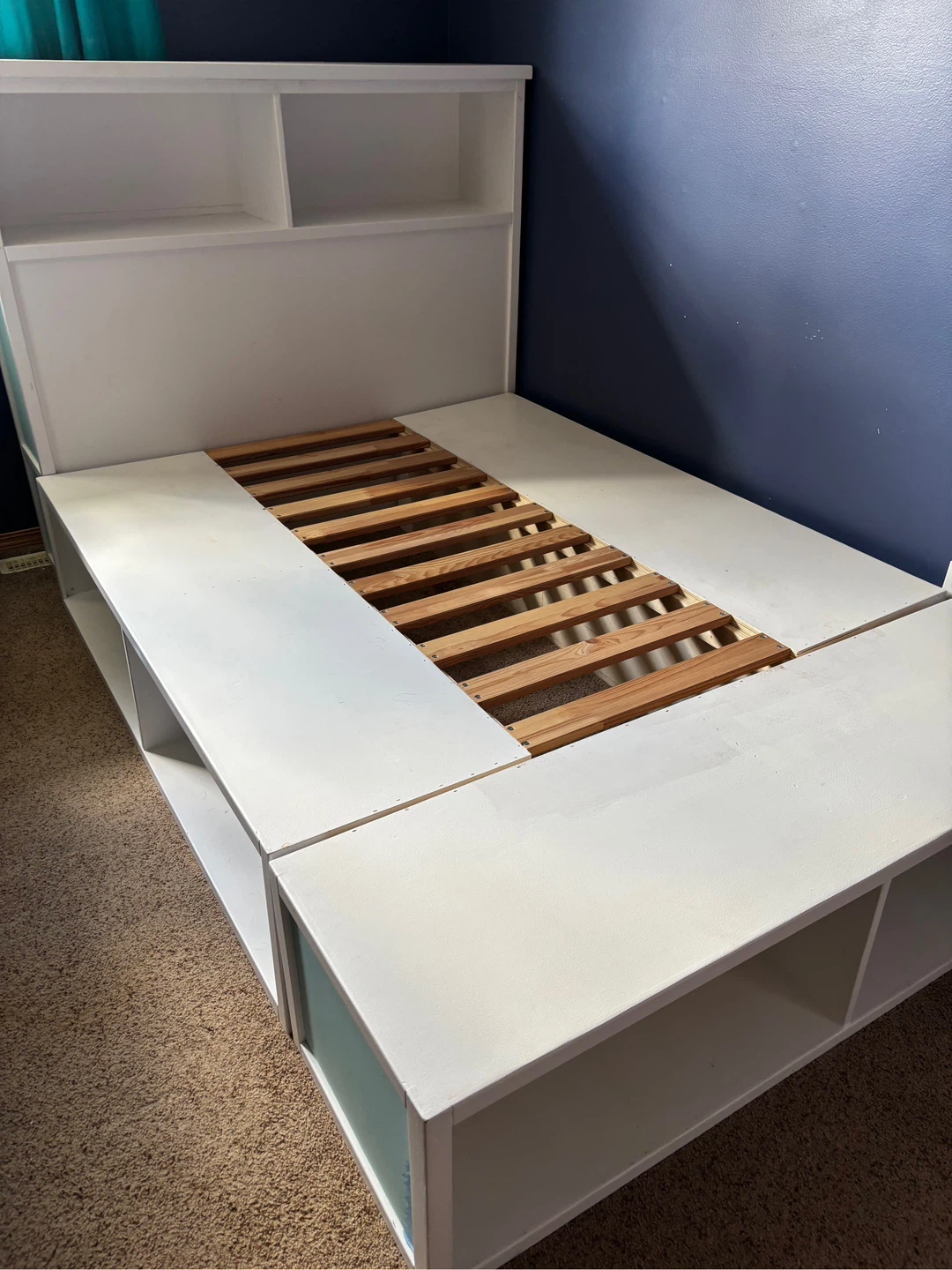 White Double Bed Frame with Storage and Headboard Shelves