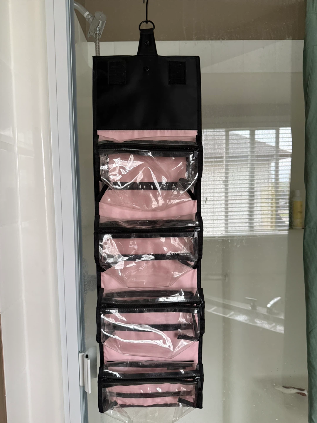 Pink and Black Hanging Toiletry Bag with Multiple Compartments