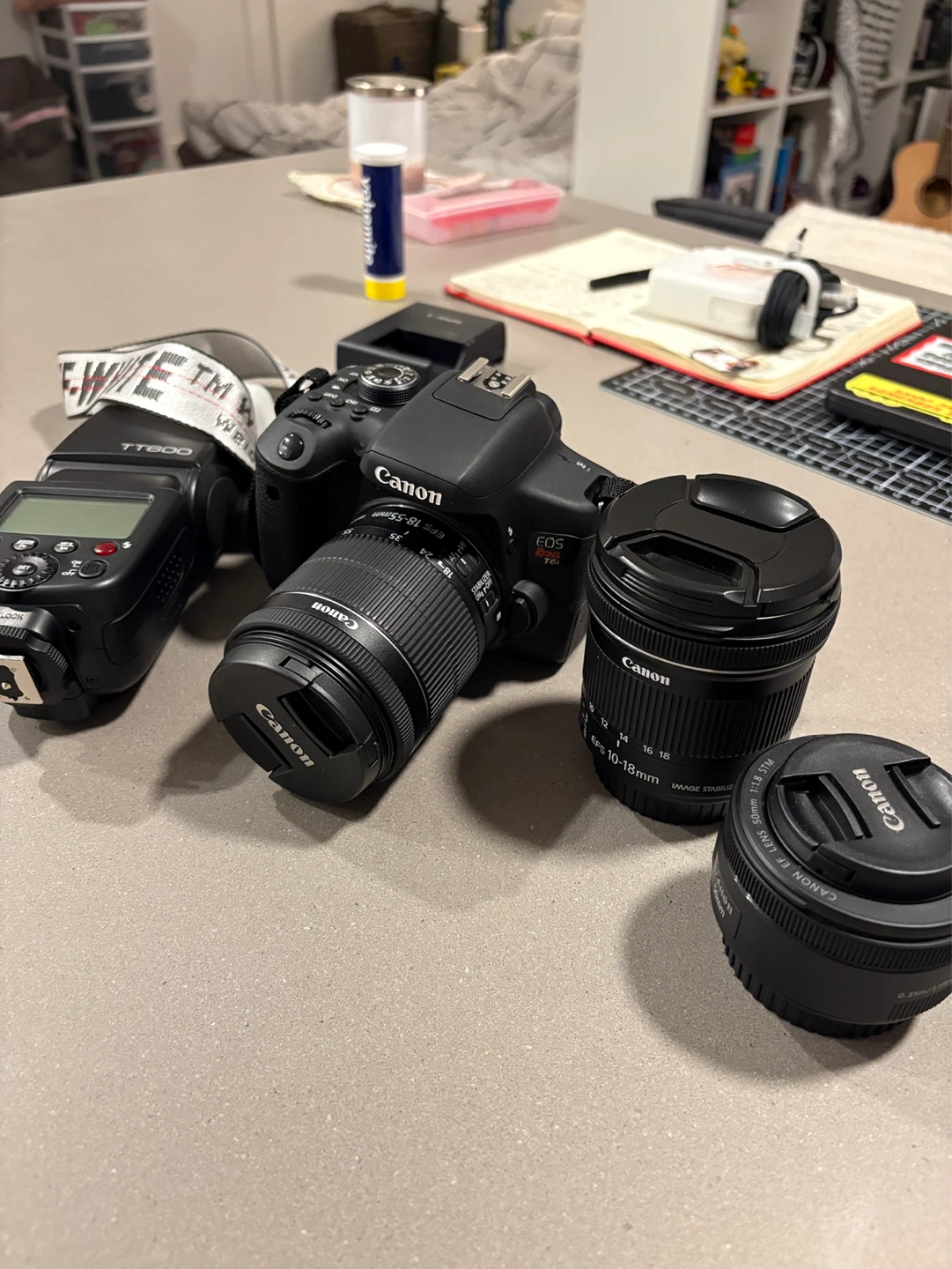 Canon EOS Rebel T6i DSLR Camera with 3 Lenses + 1 Flash