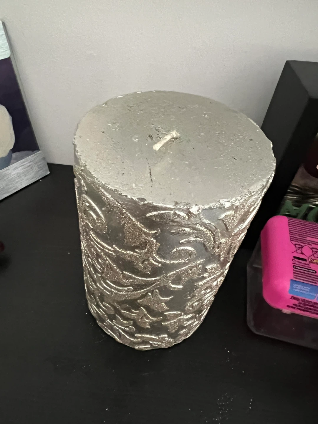 Large Silver Embossed Pillar Candle - photo 2