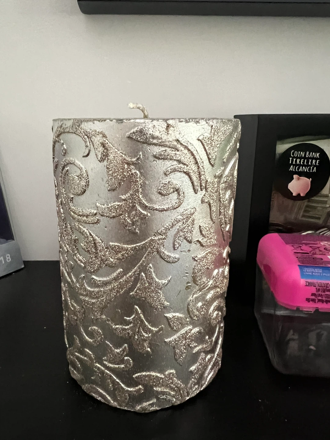 Large Silver Embossed Pillar Candle