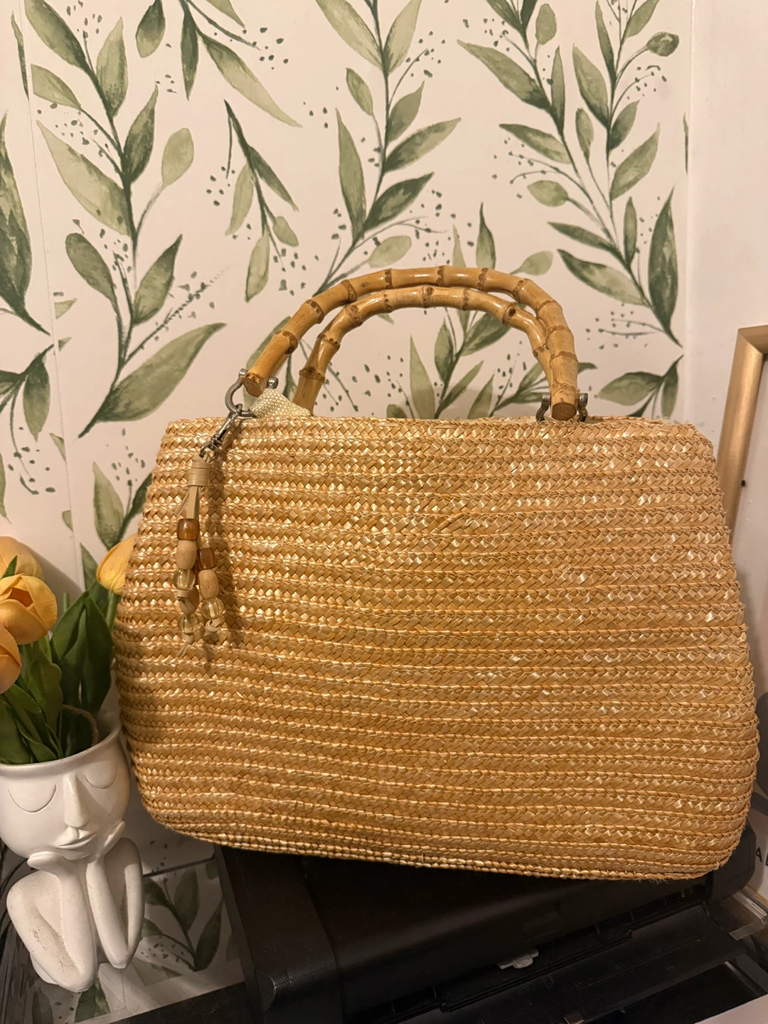 Straw Tote Bag with Bamboo Handles