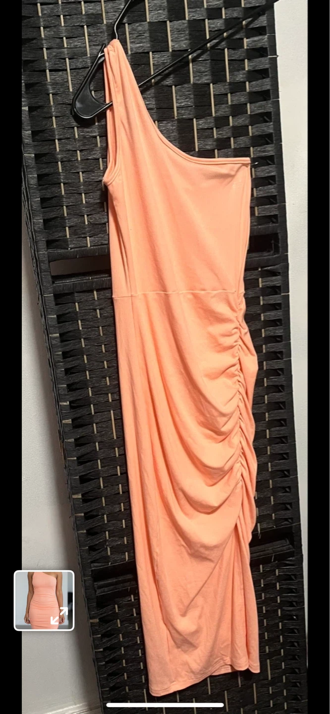 Coral One Shoulder Ruched Midi Dress - photo 2