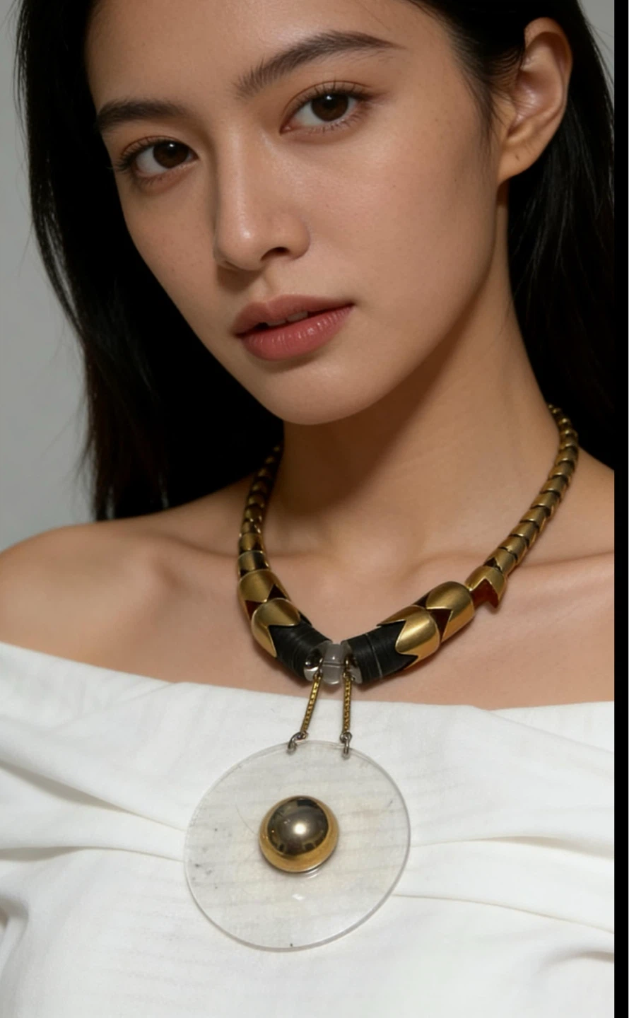 Gold-tone statement necklace with clear disc pendant