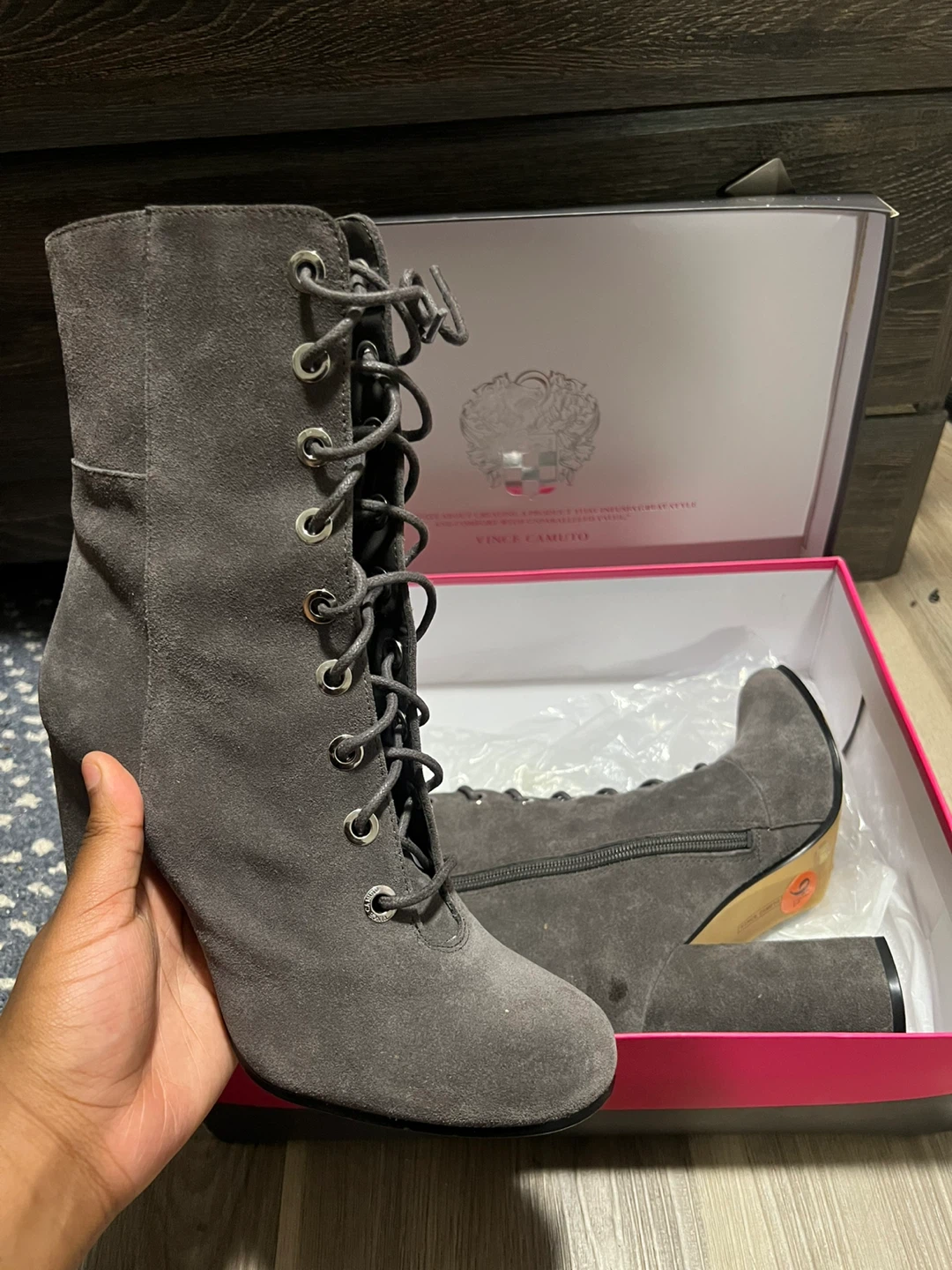 Vince Camuto Grey Suede Lace-Up Heeled Boots Size 9.5