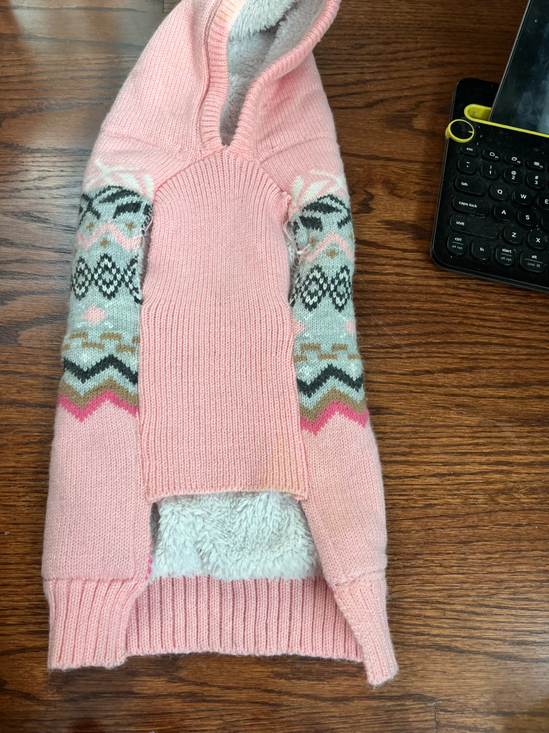 Pink Dog Sweater with Fair Isle Pattern and Pom-Pom Hoodie - photo 3