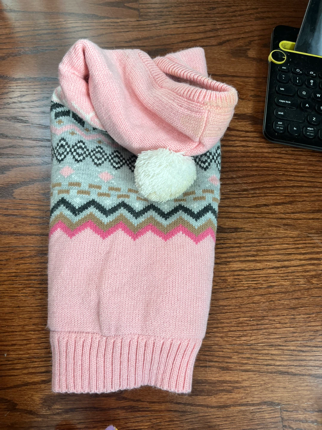 Pink Dog Sweater with Fair Isle Pattern and Pom-Pom Hoodie