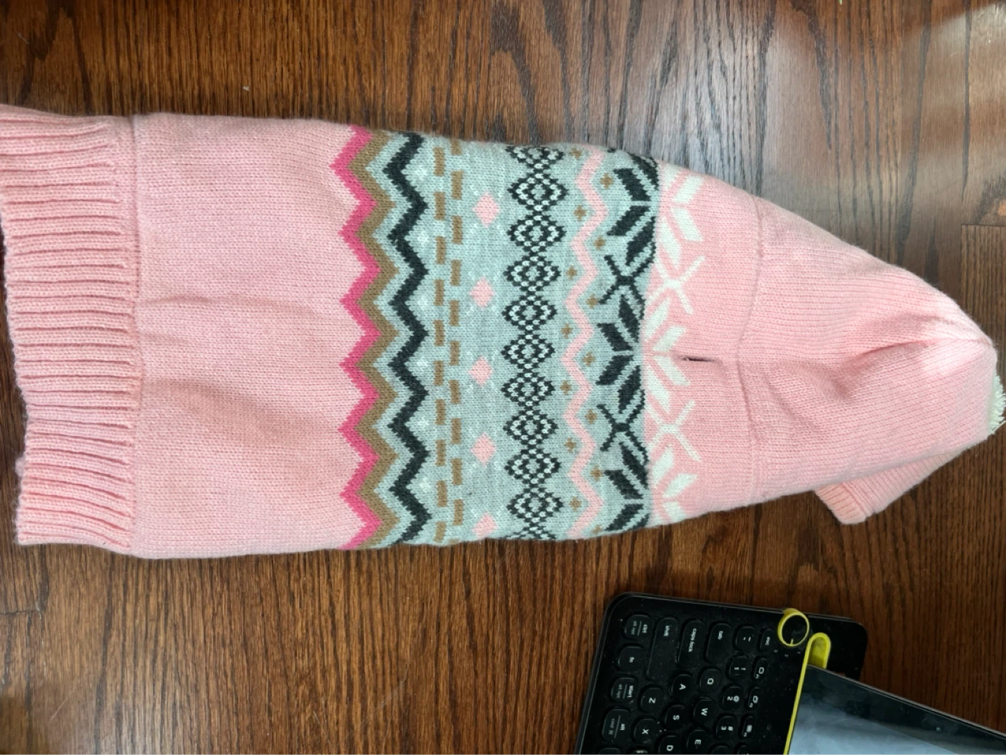 Pink Dog Sweater with Fair Isle Pattern and Pom-Pom Hoodie - photo 2