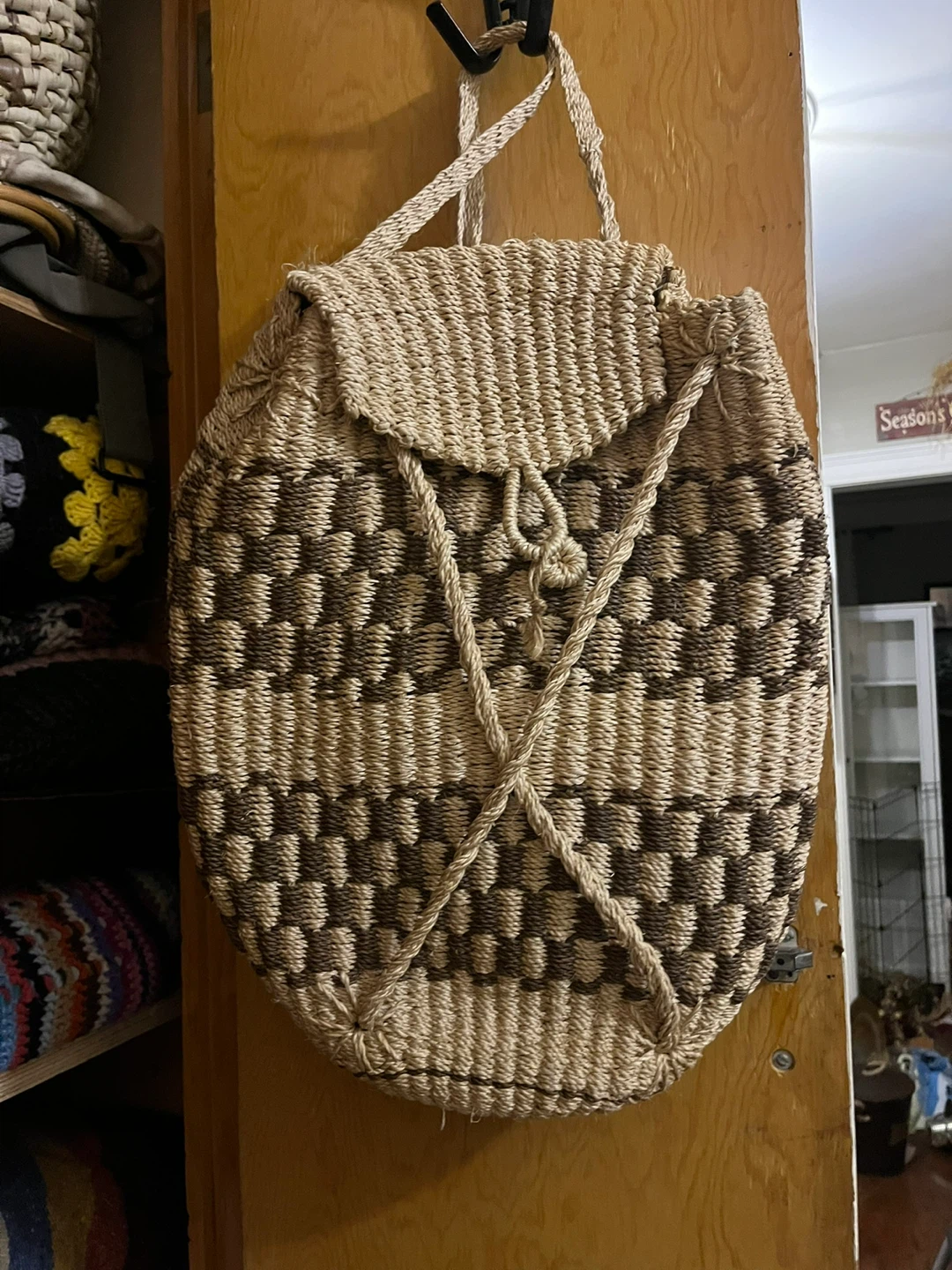 Woven Straw Backpack with Geometric Pattern