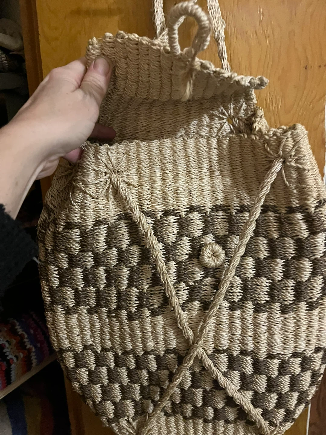 Woven Straw Backpack with Geometric Pattern - photo 3