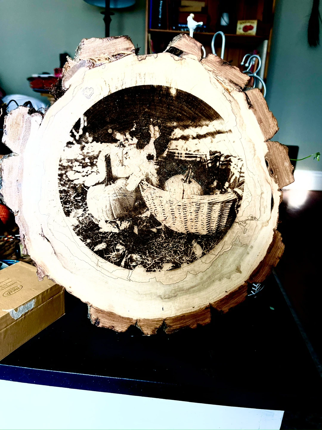 Handmade Wood Slice Art - Autumn Scene with Puppy and Pumpkins