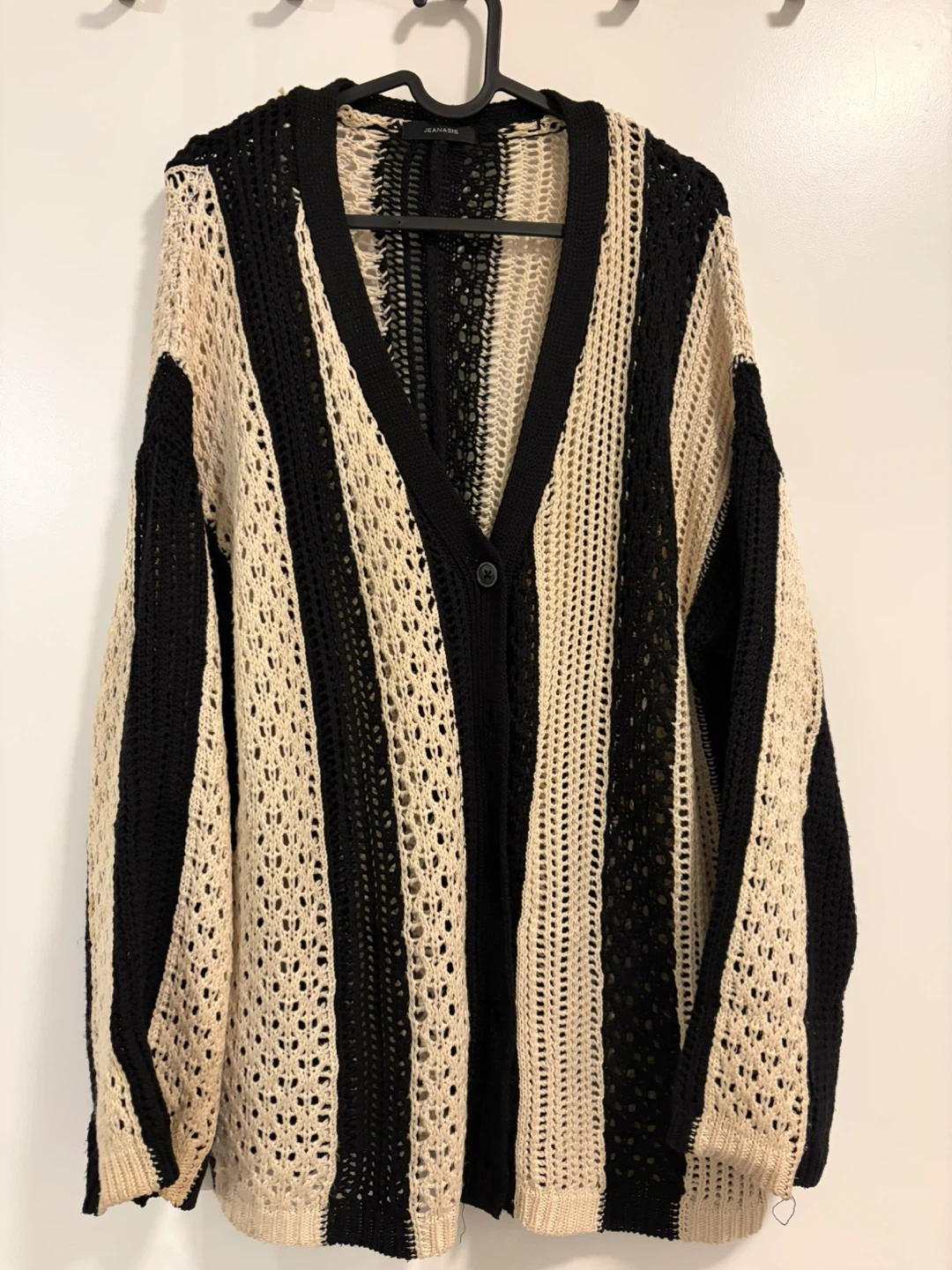 JEANASIS / Black and Cream Striped Knit Cardigan