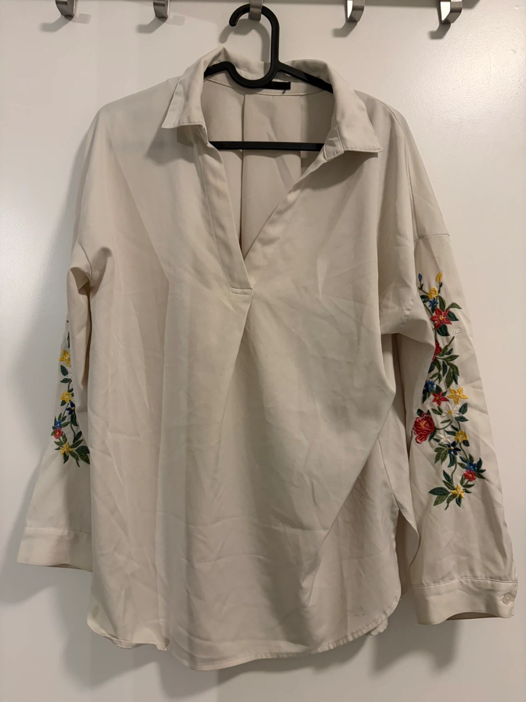 Cream Embroidered Long Sleeve Collared Shirt