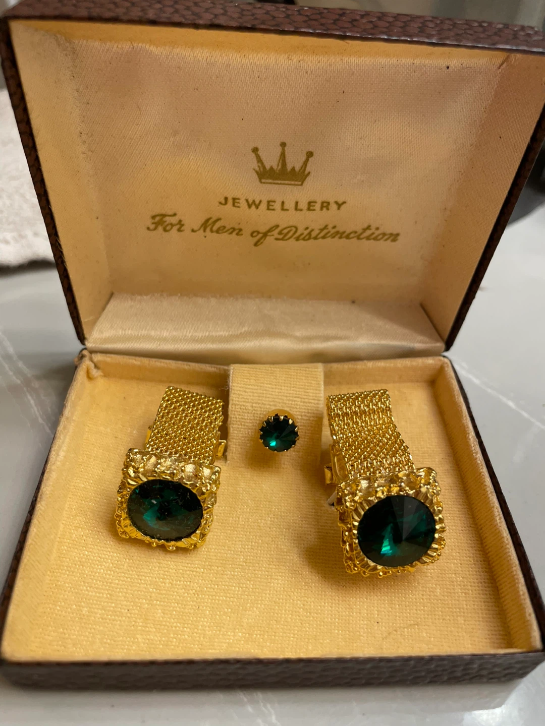 Vintage Gold Tone Cufflinks and Stud Set with Green Stones