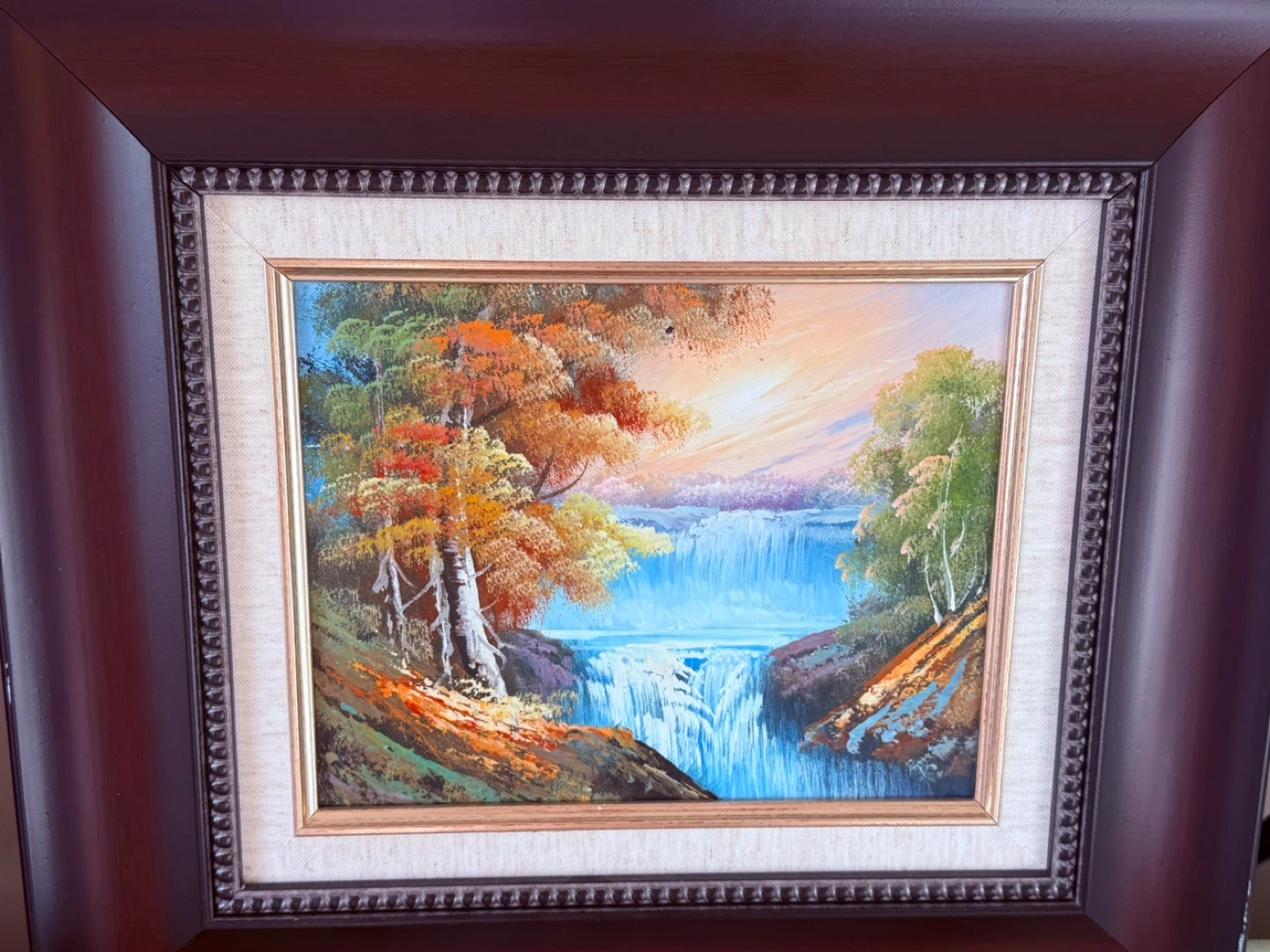 Framed Waterfall Landscape Oil Painting