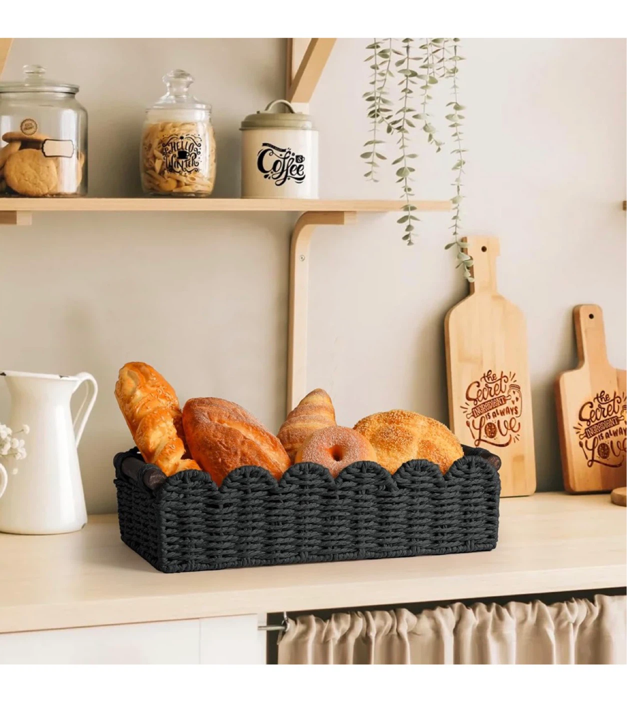 Woven Rectangular Basket with Wooden Handles - Black - photo 2