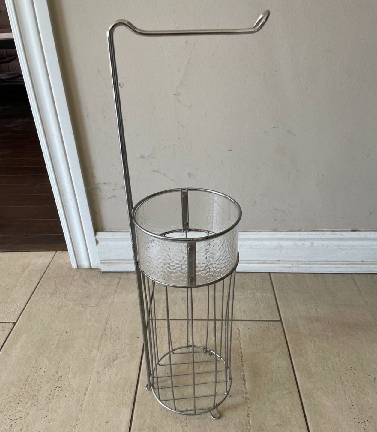 Metal and glass toilet paper holder