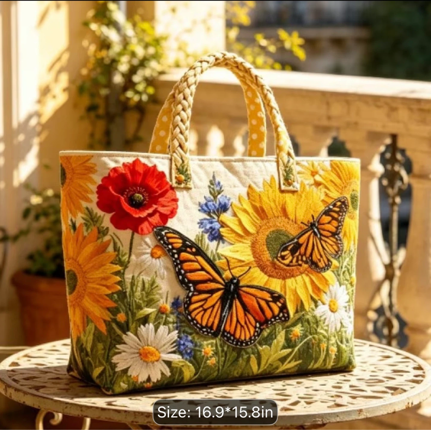 Tote Bag with Butterfly and Sunflower Design