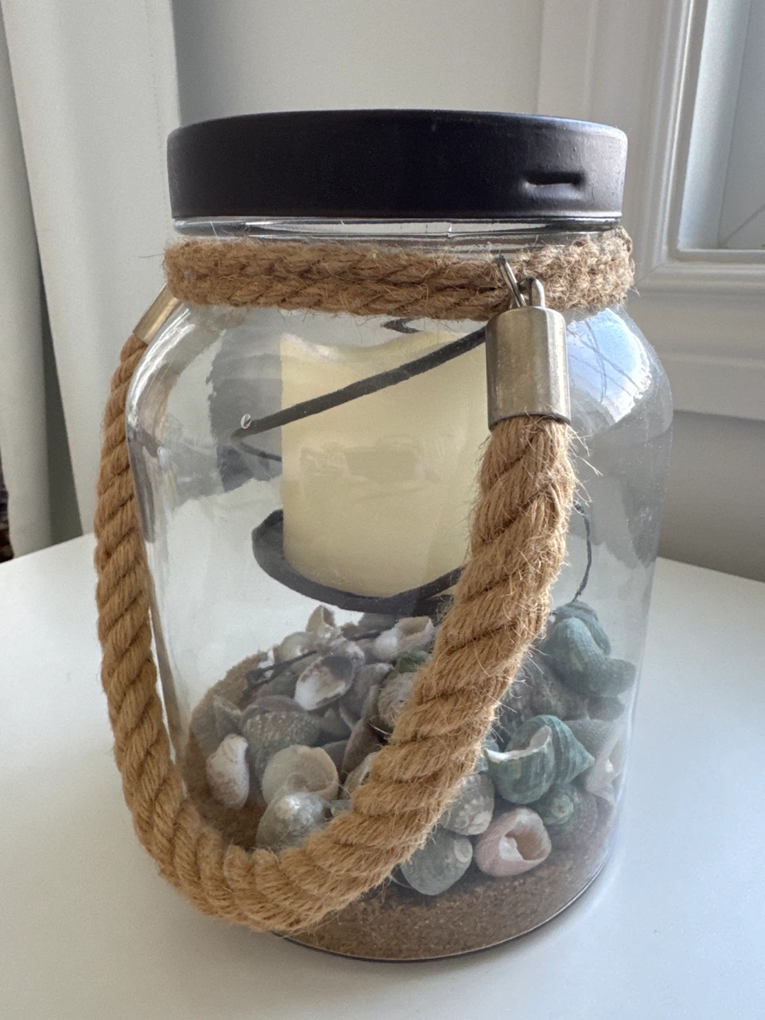 Glass Jar Candle Lantern with Seashells and Sand