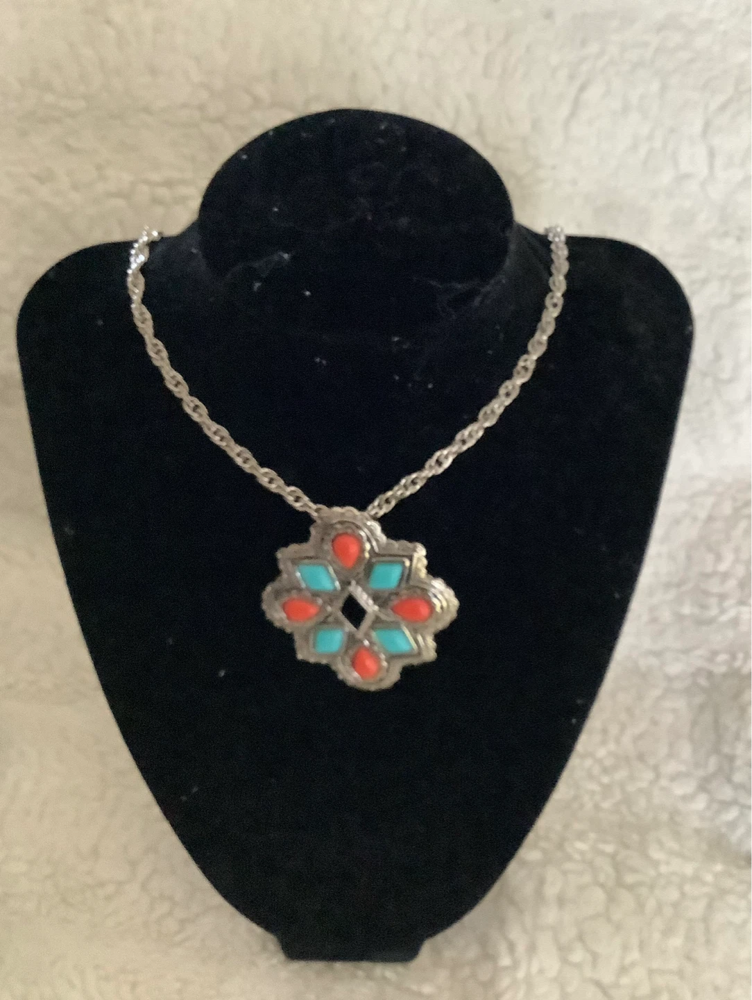 Avon Silver Tone Necklace with Turquoise and Coral Pendant