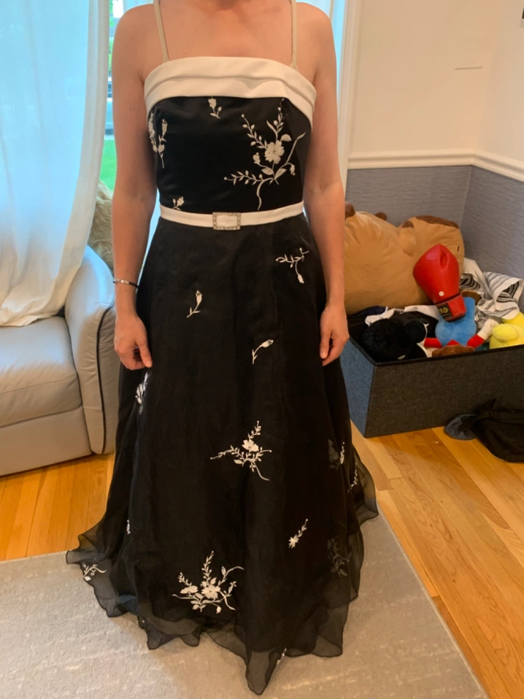Black and White Floral Embroidered Strapless Gown with Belt