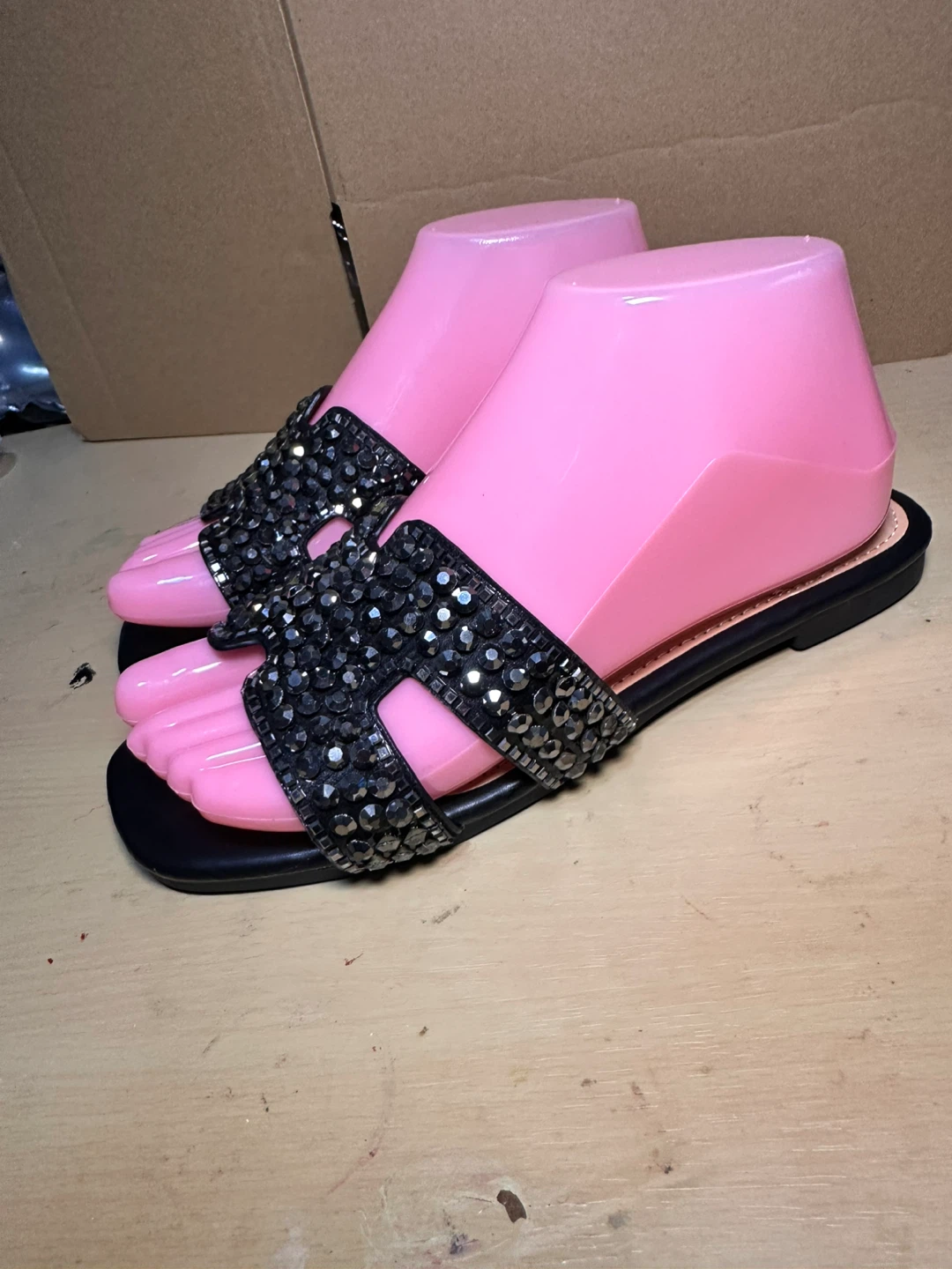 Black Embellished Slide Sandals