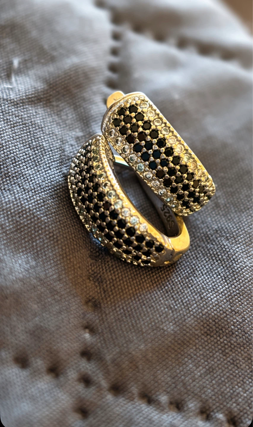 Sterling Silver Hoop Earrings with Black and Clear Stones