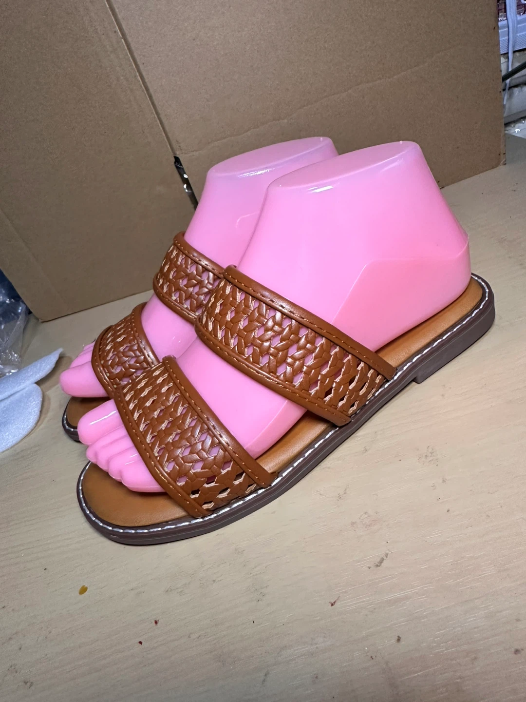 Women's Brown Woven Strap Slide Sandals
